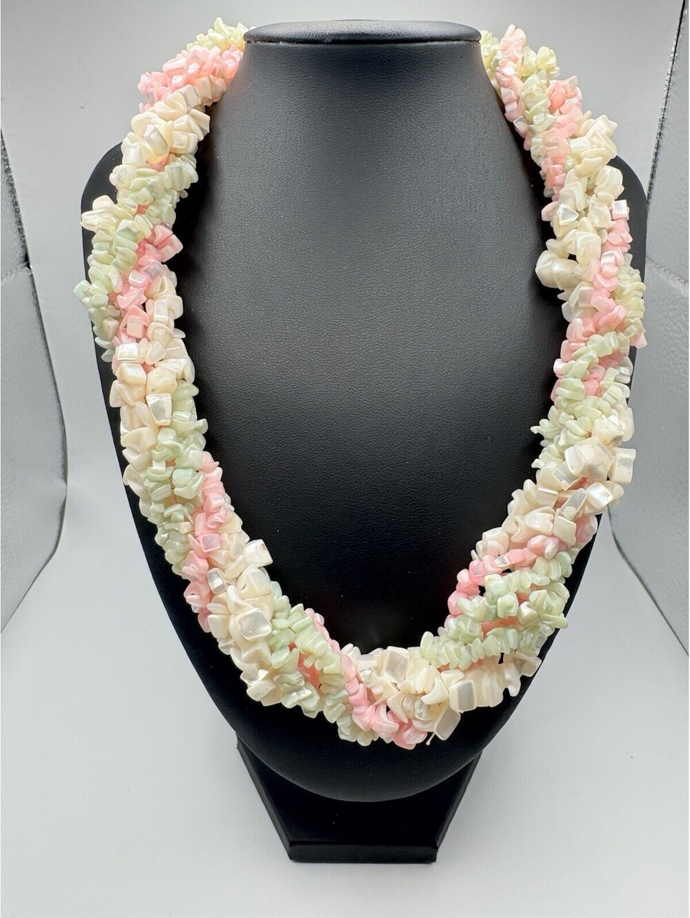 Vtg Mother of Pearl Shell Chip Necklace, Multi-strand, Heavy, Candy-like